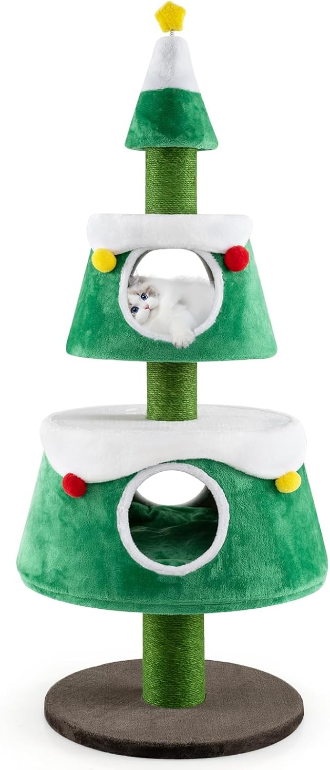 SOARS Kratzbaum Weihnachten, 153 cm Katzenbaum mit 2 Höhlen, Kratzsäule, dickem Stamm, abnehmbarem Kissen, Katzenkratzbaum Weihnachtsbaum, Kletterbaum für Katzen, Aktivitätskratzbäume, Katzenmöbel