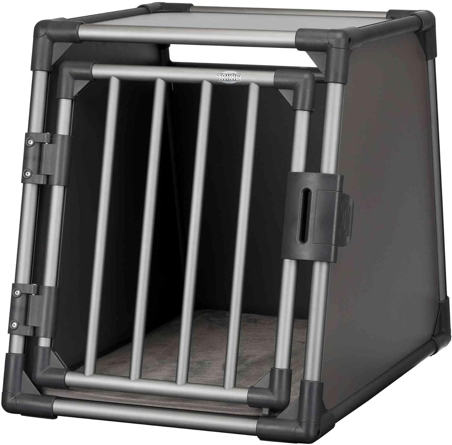 TRIXIE Hunde-Transportbox Aluminium in silber - M–L: 60 × 65 × 86 cm - stabile und geräuscharme Hundebox mit abgeschrägten Seiten, Sicherheitsverschluss & rutschfester Liegematte