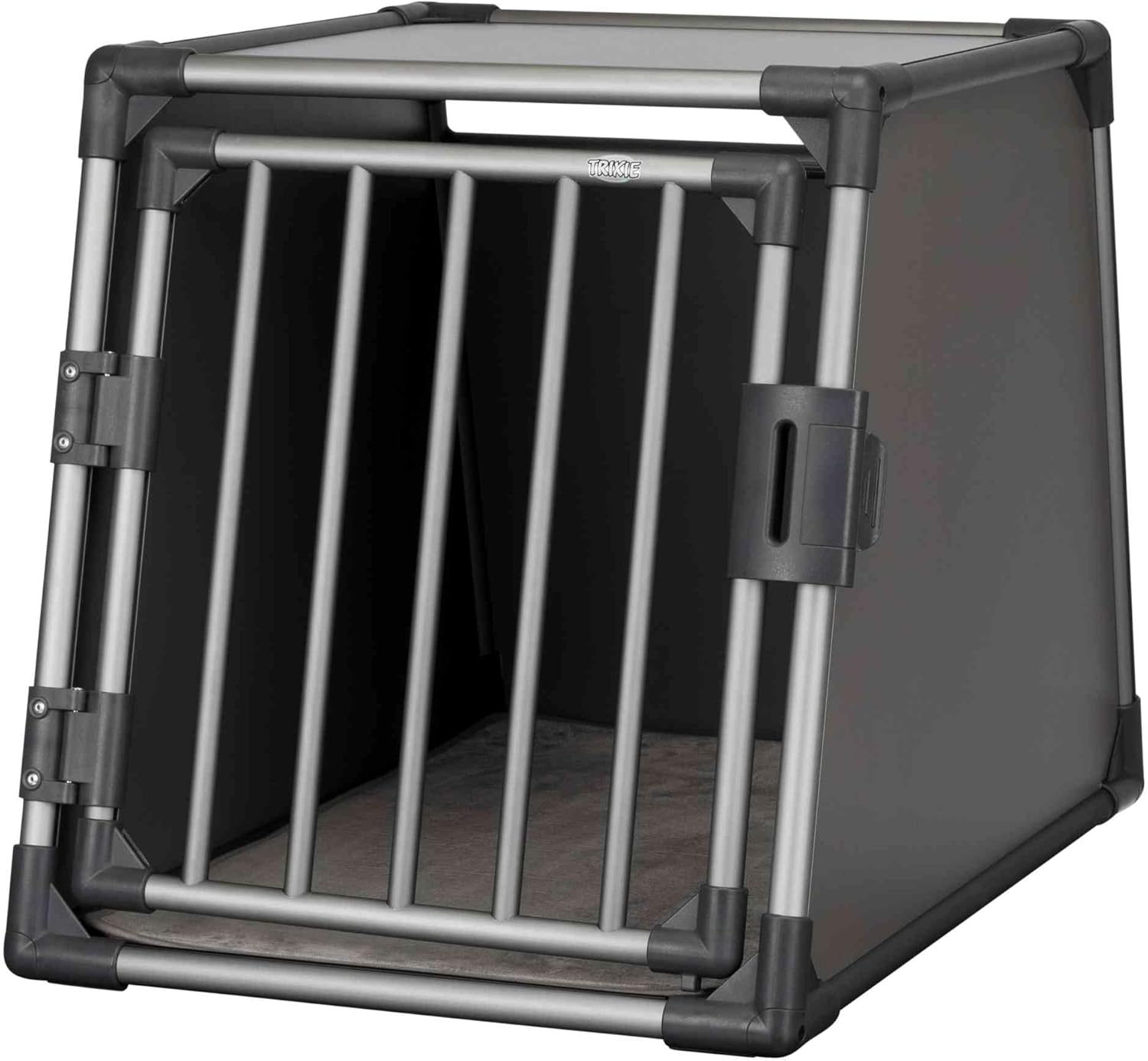 TRIXIE Hunde-Transportbox Aluminium in silber - M–L: 60 × 65 × 86 cm - stabile und geräuscharme Hundebox mit abgeschrägten Seiten, Sicherheitsverschluss & rutschfester Liegematte
