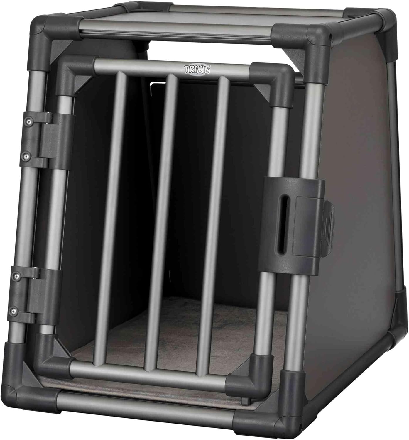TRIXIE Hunde-Transportbox Aluminium in silber - M–L: 60 × 65 × 86 cm - stabile und geräuscharme Hundebox mit abgeschrägten Seiten, Sicherheitsverschluss & rutschfester Liegematte