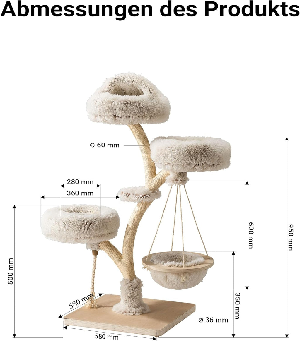 Fudajo Designer Kratzbaum in Zweigdesign 130 cm hoch, Katzenkratzbaum mit Plüsch und Sisal, Kletterbaum für Katzen, Katzenbaum mit Hängeliege