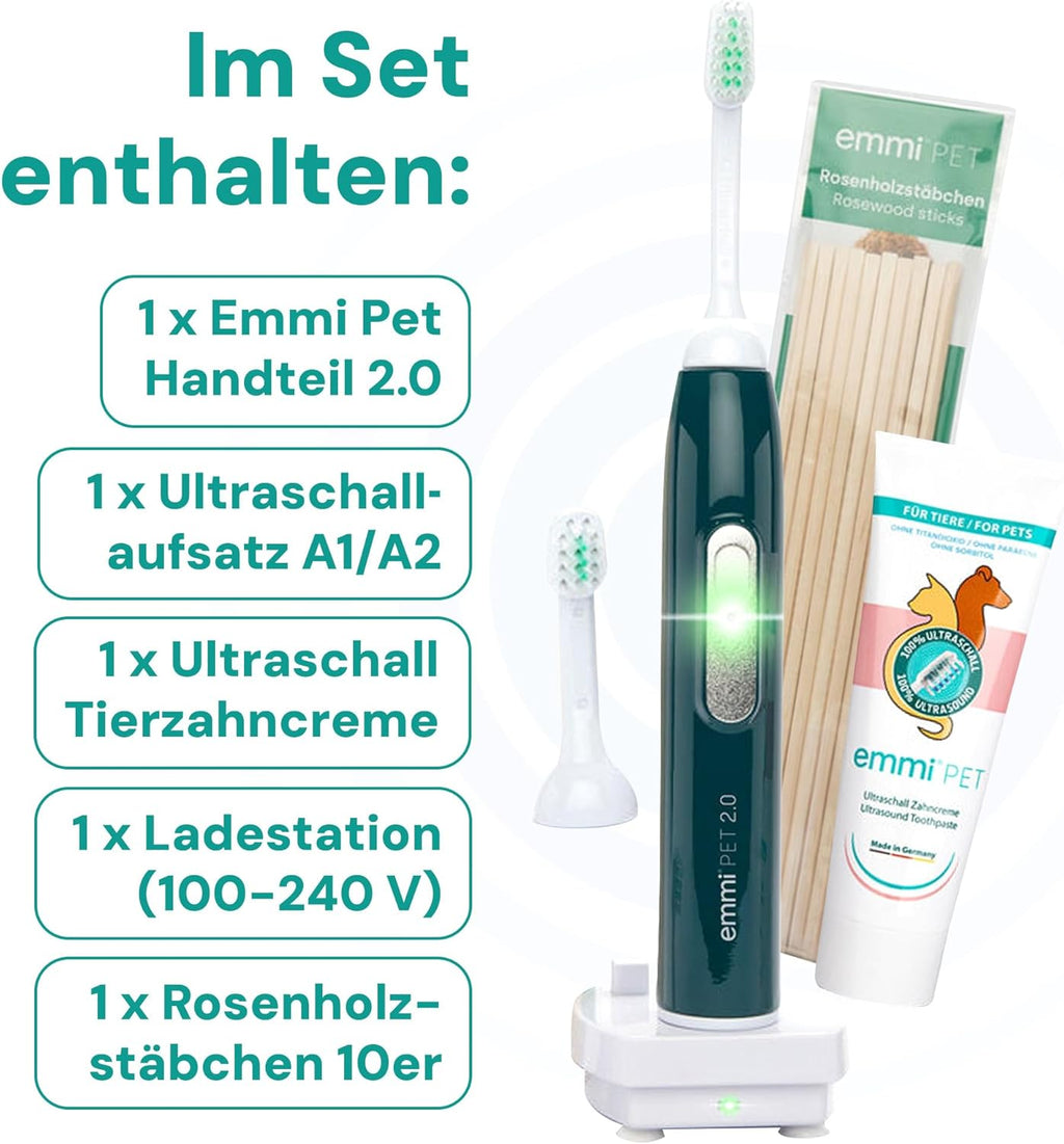 emmi-pet 2.0 Ultraschall-Zahnbürste, Geräuschlose Hundezahnbürste ohne Schrubben mit 96 Mio. Schwingungen - beugt Zahnstein & Entzündungen vor – Inkl. Ultraschall-Aufsätze & Hundezahnpasta – Grün