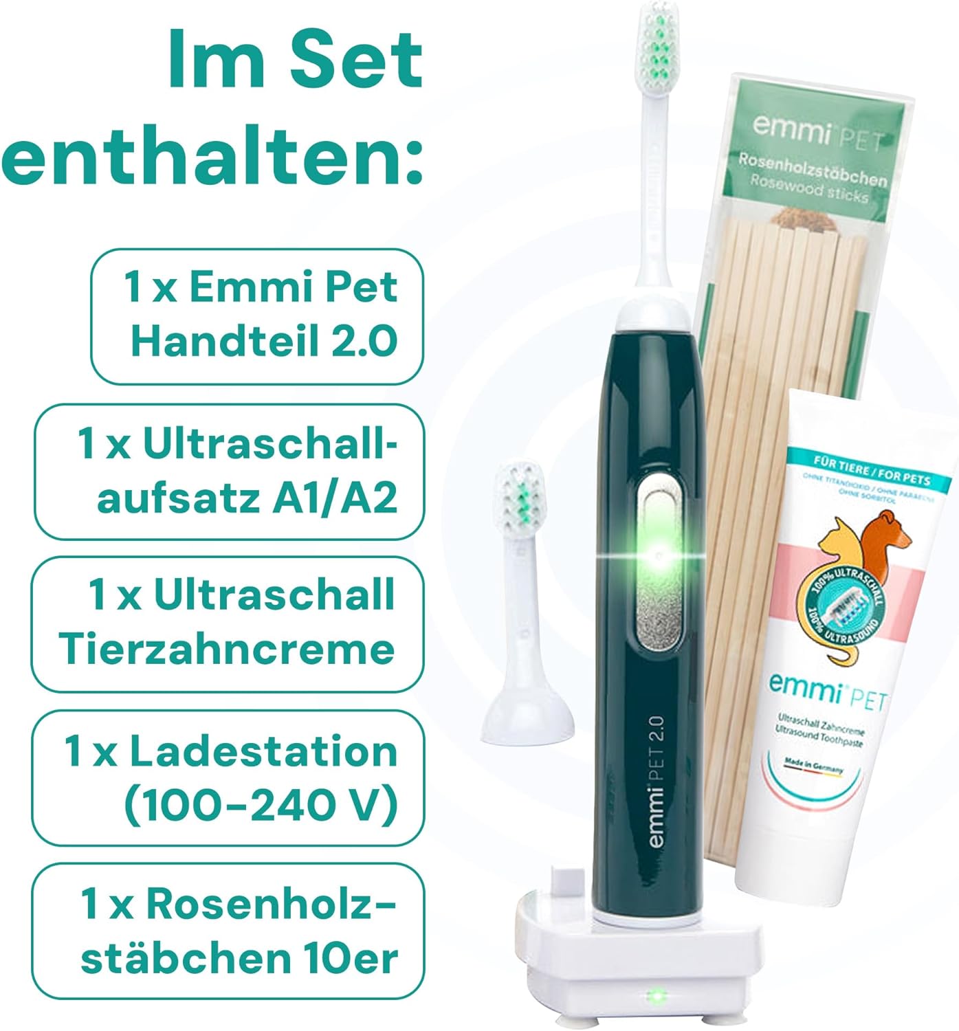 emmi-pet 2.0 Ultraschall-Zahnbürste, Geräuschlose Hundezahnbürste ohne Schrubben mit 96 Mio. Schwingungen - beugt Zahnstein & Entzündungen vor – Inkl. Ultraschall-Aufsätze & Hundezahnpasta – Grün