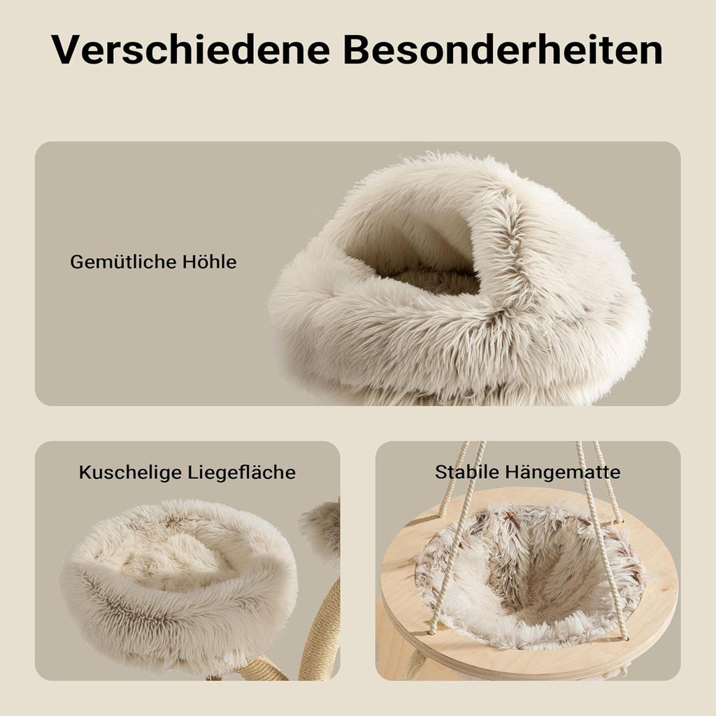 Fudajo Designer Kratzbaum in Zweigdesign 130 cm hoch, Katzenkratzbaum mit Plüsch und Sisal, Kletterbaum für Katzen, Katzenbaum mit Hängeliege