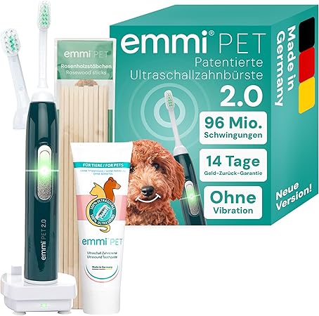 emmi-pet 2.0 Ultraschall-Zahnbürste, Geräuschlose Hundezahnbürste ohne Schrubben mit 96 Mio. Schwingungen - beugt Zahnstein & Entzündungen vor – Inkl. Ultraschall-Aufsätze & Hundezahnpasta – Grün