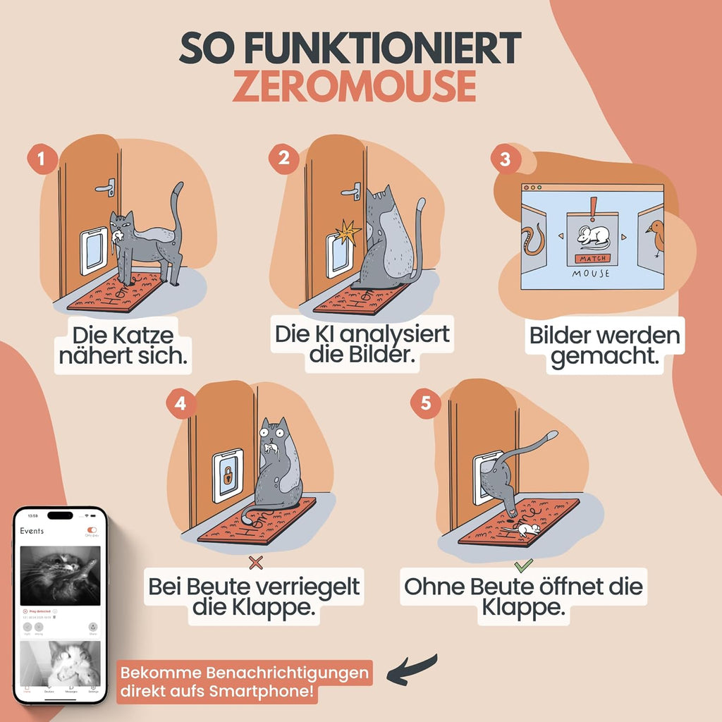 ZeroMOUSE 2.0 – Mauserkennung: Katzenklappen-Erweiterung für Beute- und Chiperkennung, Katzenklappe mit Mauserkennung, Katzenklappe mit Chiperkennung, App-Steuerung inklusive