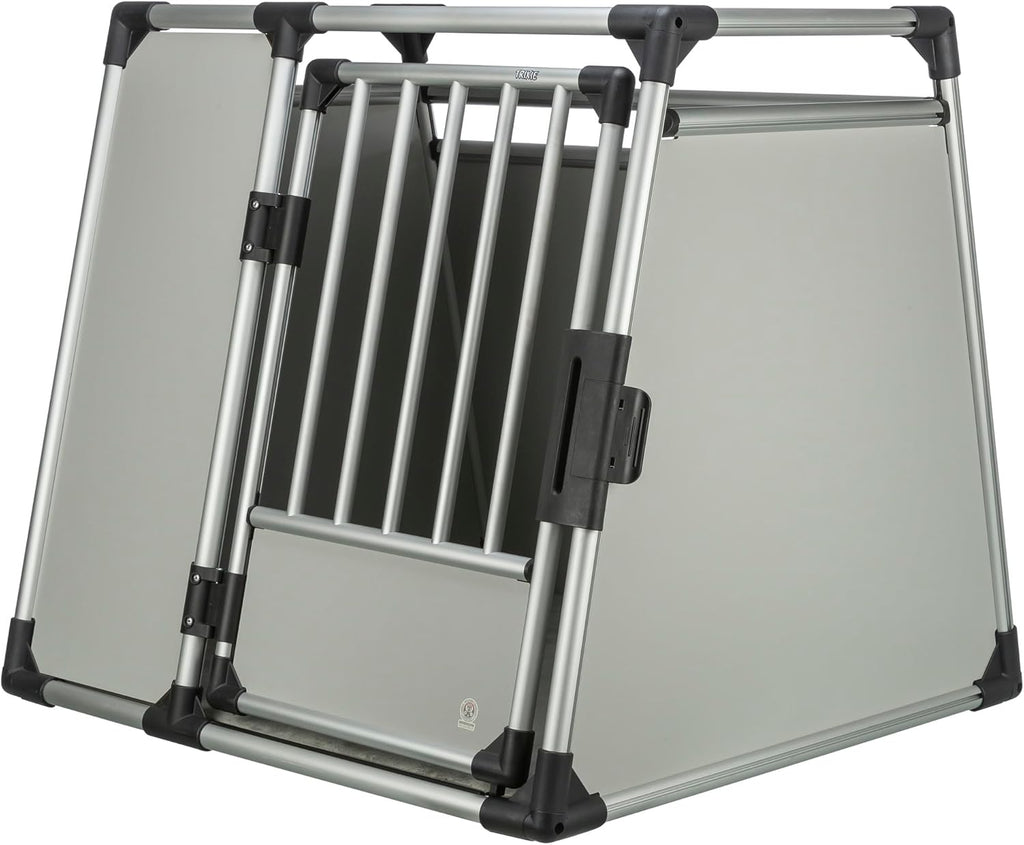 TRIXIE Hunde-Transportbox Aluminium in silber - M–L: 60 × 65 × 86 cm - stabile und geräuscharme Hundebox mit abgeschrägten Seiten, Sicherheitsverschluss & rutschfester Liegematte