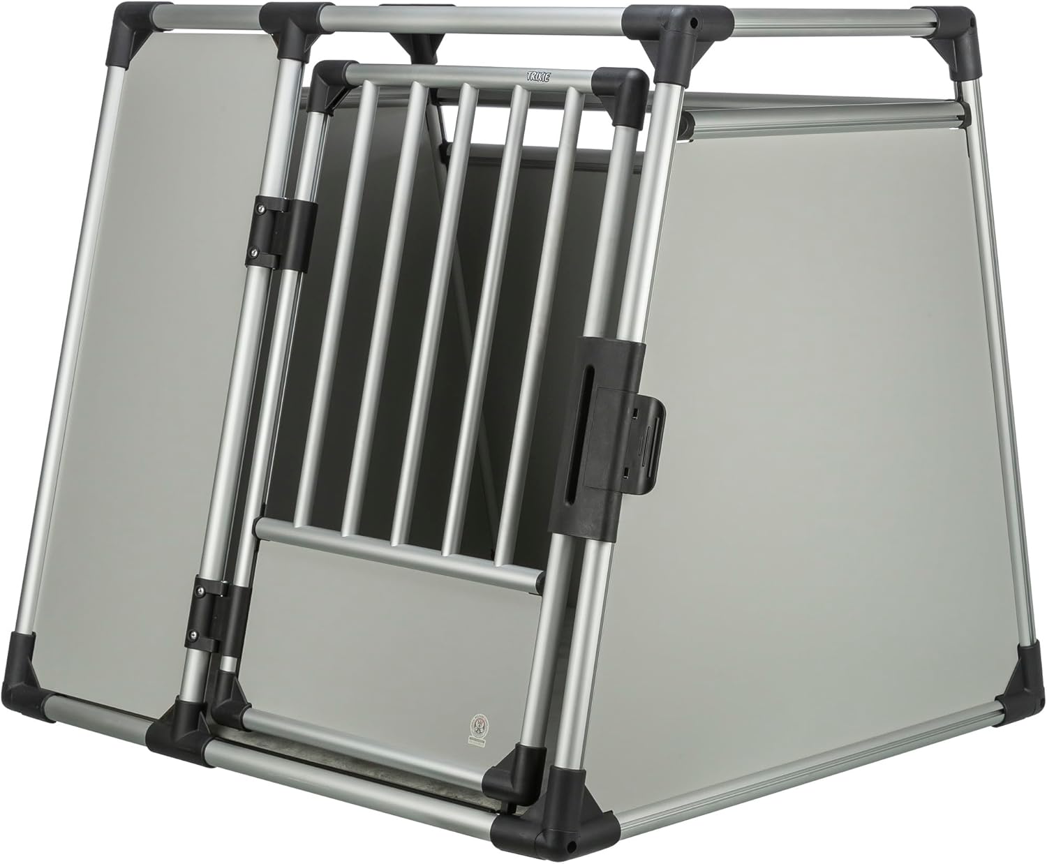 TRIXIE Hunde-Transportbox Aluminium in silber - M–L: 60 × 65 × 86 cm - stabile und geräuscharme Hundebox mit abgeschrägten Seiten, Sicherheitsverschluss & rutschfester Liegematte