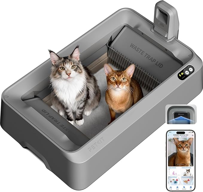 PETKIT Purobot Crystal Duo Selbstreinigende Katzentoilette mit Kamera, AI-Gesundheitsüberwachung, Geruchskontrolle, Offenes Design für große Katzen, Bis zu 30 Tage ohne Reinigung, Grau