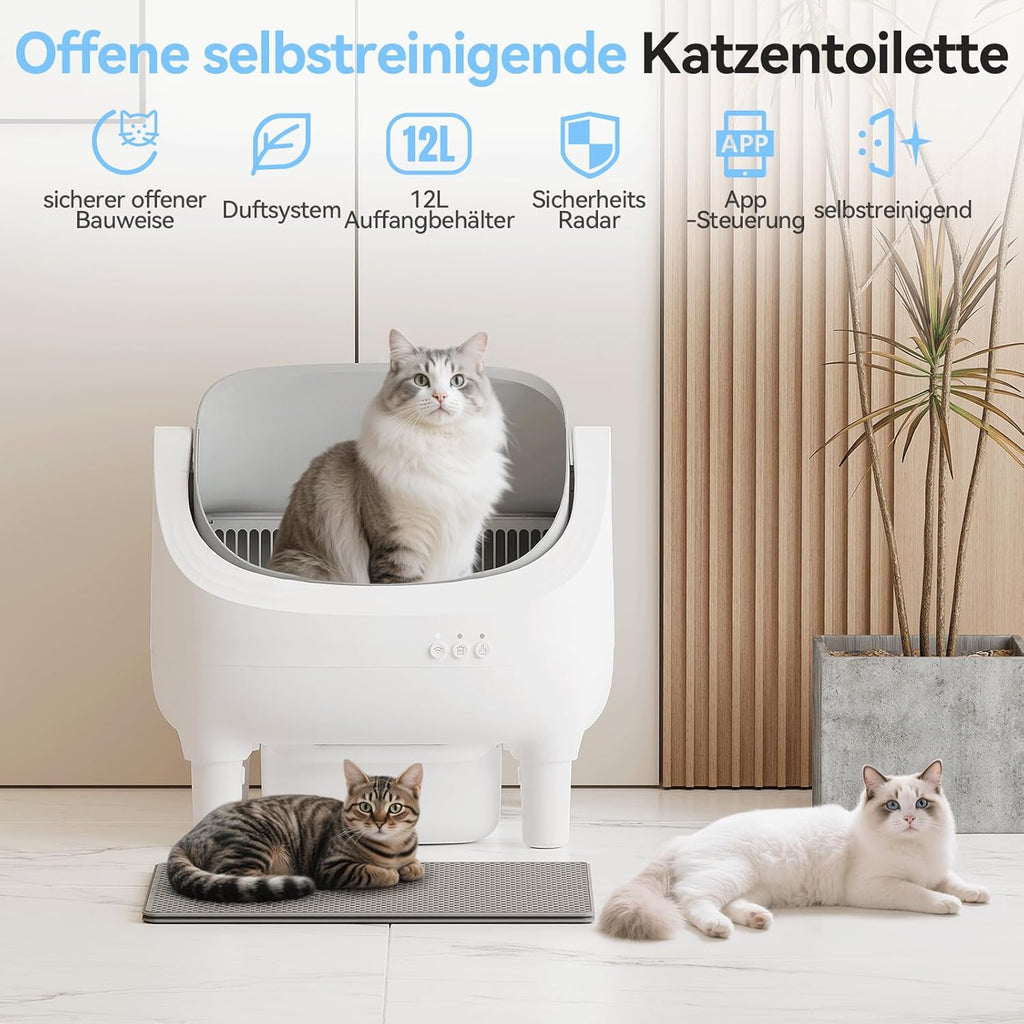 TRIUMPHKEY Selbstreinigende Katzentoilette, App-Steuerung, offene Katzentoilette, selbstreinigend, XXL-Katzentoilette, für große Katzen bis 15 kg, 15 Tage Selbstreinigung, elektrische Katzentoilette für mehrere Katzen