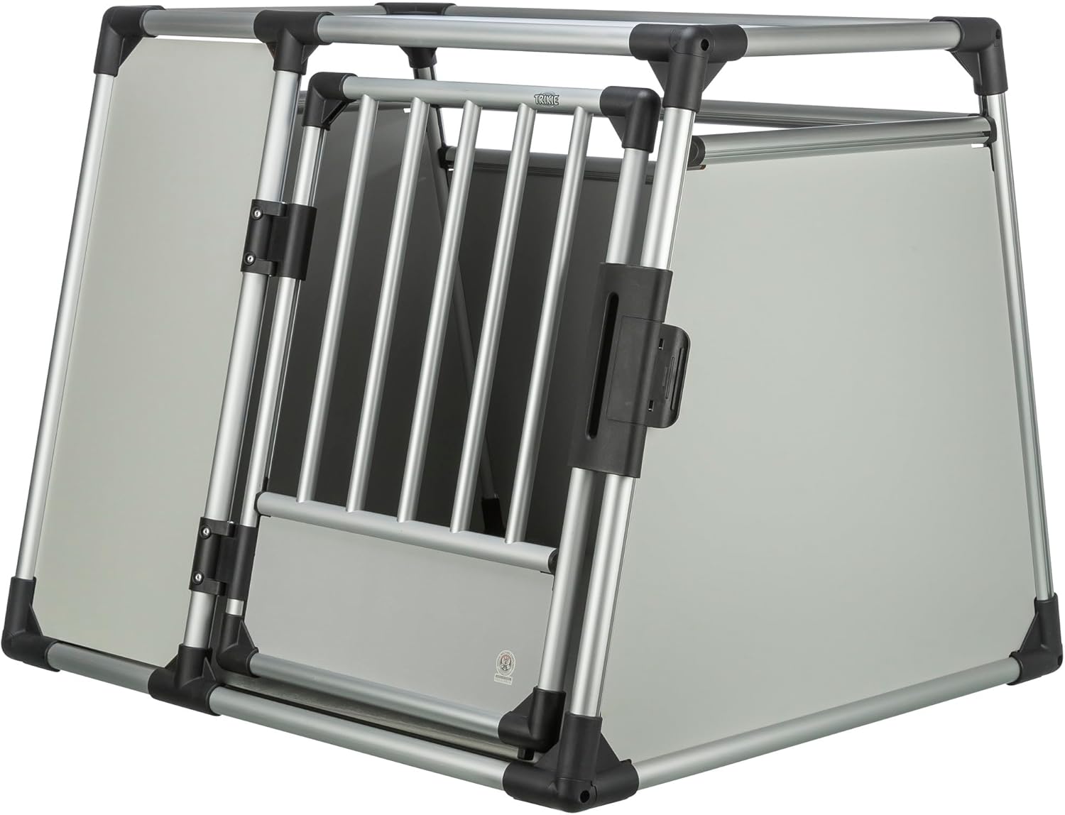 TRIXIE Hunde-Transportbox Aluminium in silber - M–L: 60 × 65 × 86 cm - stabile und geräuscharme Hundebox mit abgeschrägten Seiten, Sicherheitsverschluss & rutschfester Liegematte