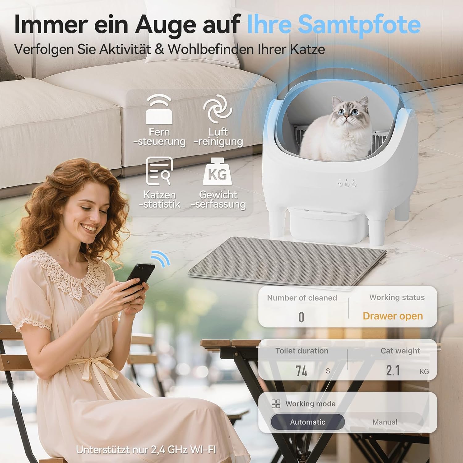 TRIUMPHKEY Selbstreinigende Katzentoilette, App-Steuerung, offene Katzentoilette, selbstreinigend, XXL-Katzentoilette, für große Katzen bis 15 kg, 15 Tage Selbstreinigung, elektrische Katzentoilette für mehrere Katzen