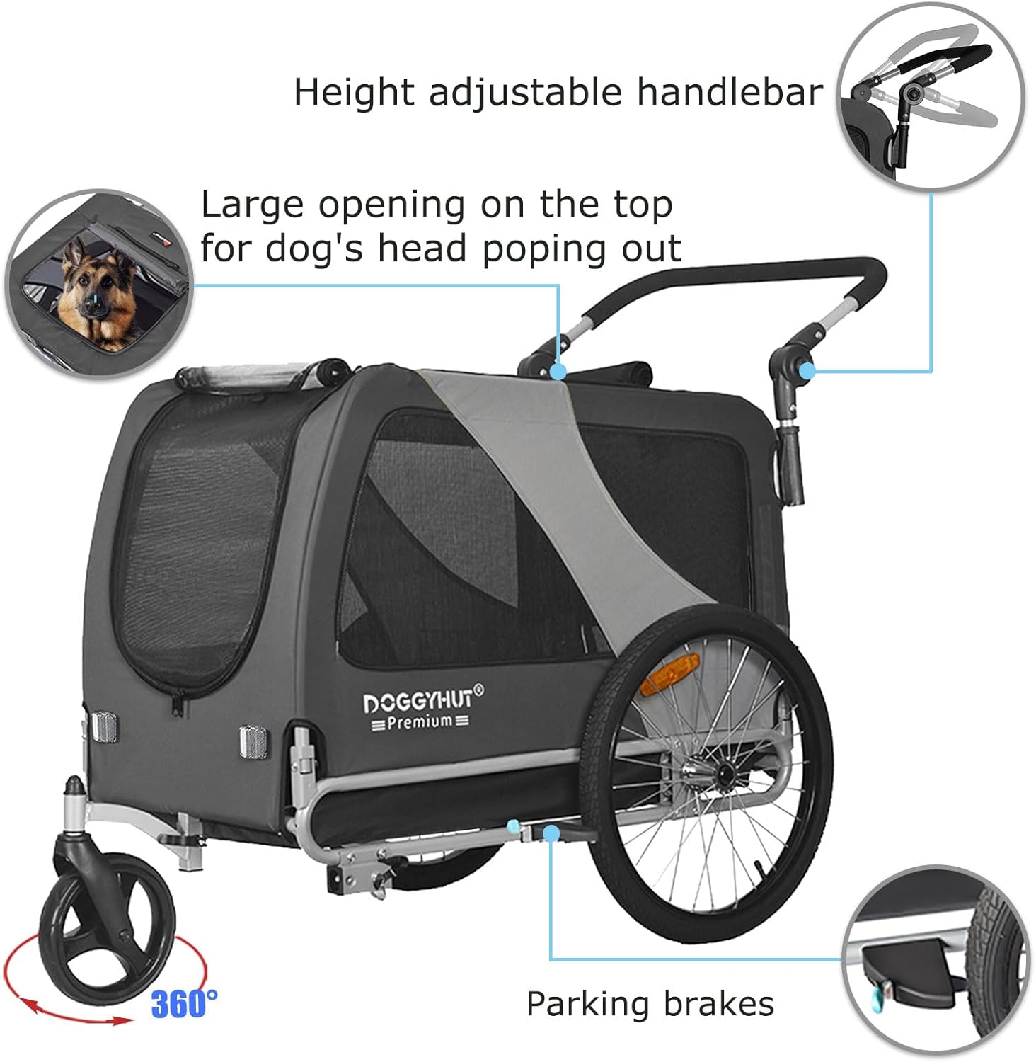 DOGGYHUT® Premium XL 2 in 1 Hundefahrradanhänger & Jogger 23-45 kg Fahrradanhänger für Hunde Hundeanhänger für Fahrrad