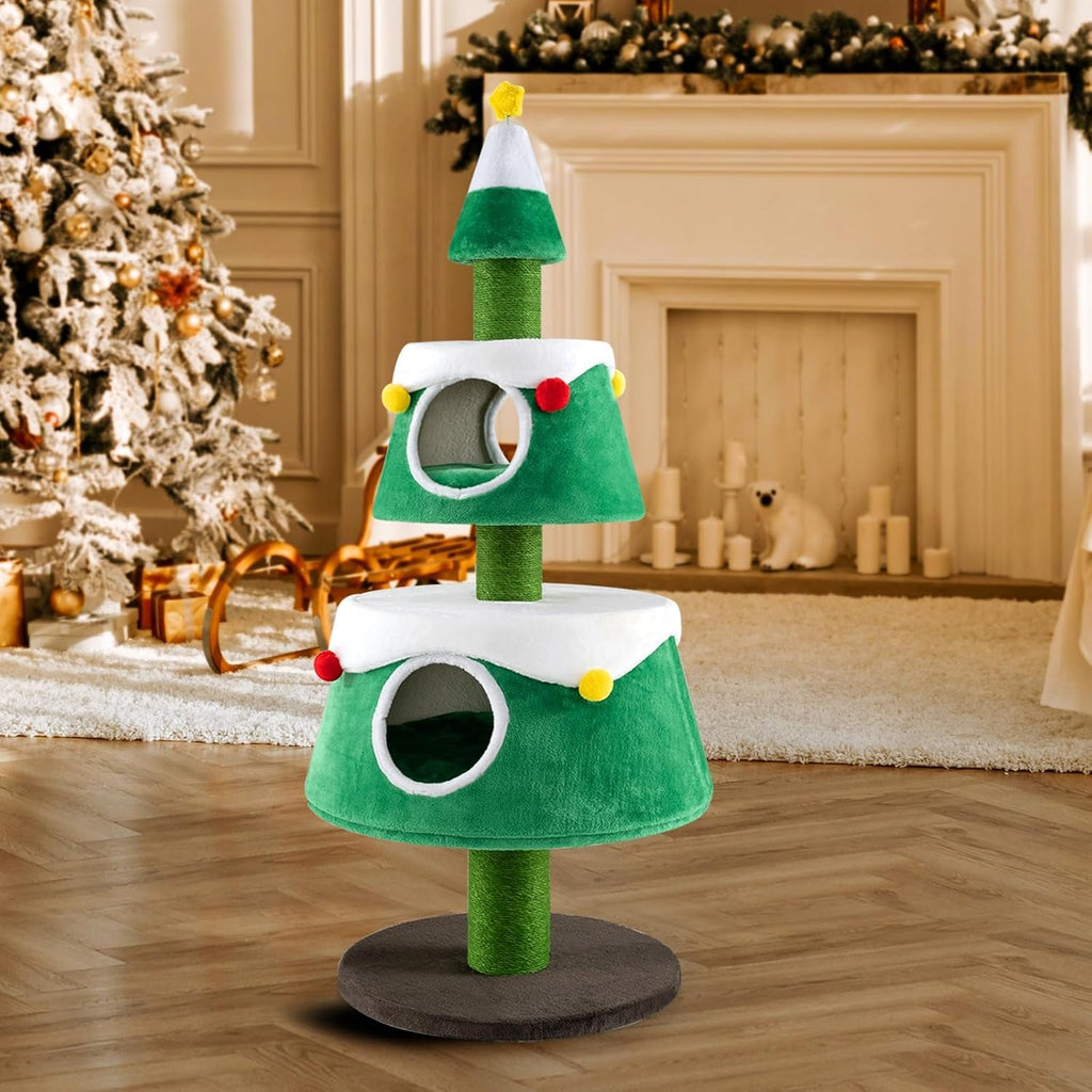 SOARS Kratzbaum Weihnachten, 153 cm Katzenbaum mit 2 Höhlen, Kratzsäule, dickem Stamm, abnehmbarem Kissen, Katzenkratzbaum Weihnachtsbaum, Kletterbaum für Katzen, Aktivitätskratzbäume, Katzenmöbel