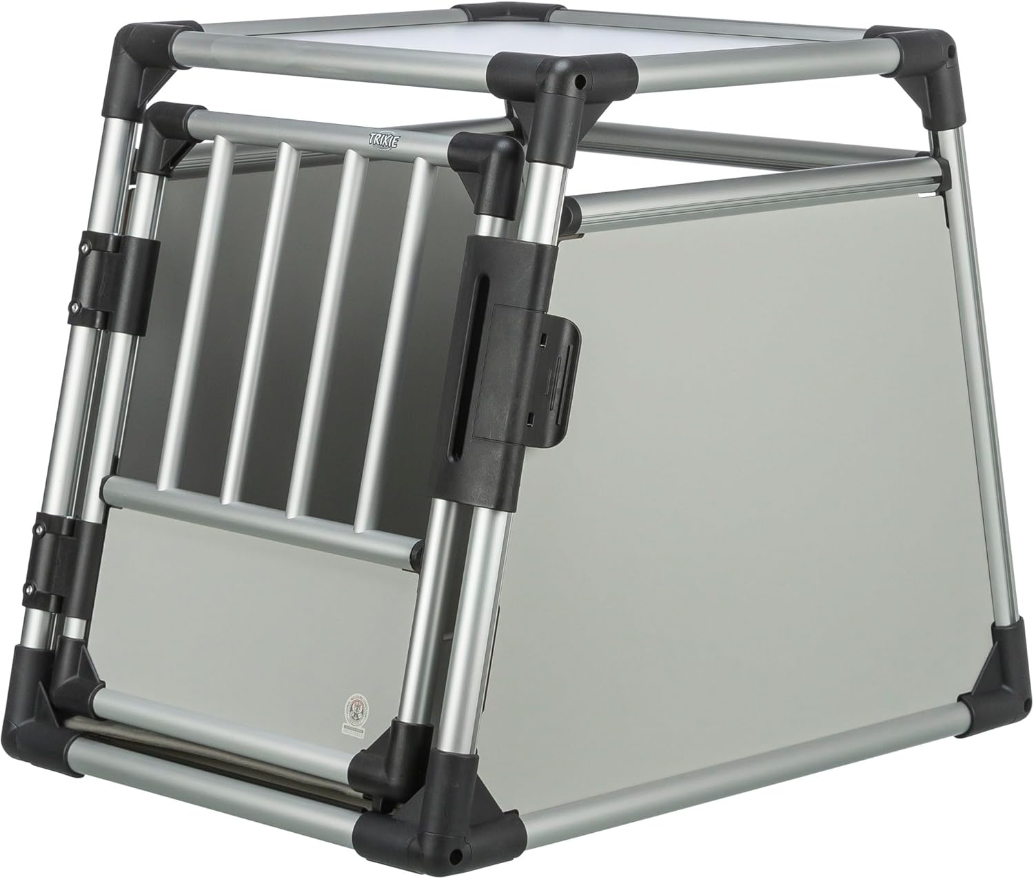 TRIXIE Hunde-Transportbox Aluminium in silber - M–L: 60 × 65 × 86 cm - stabile und geräuscharme Hundebox mit abgeschrägten Seiten, Sicherheitsverschluss & rutschfester Liegematte