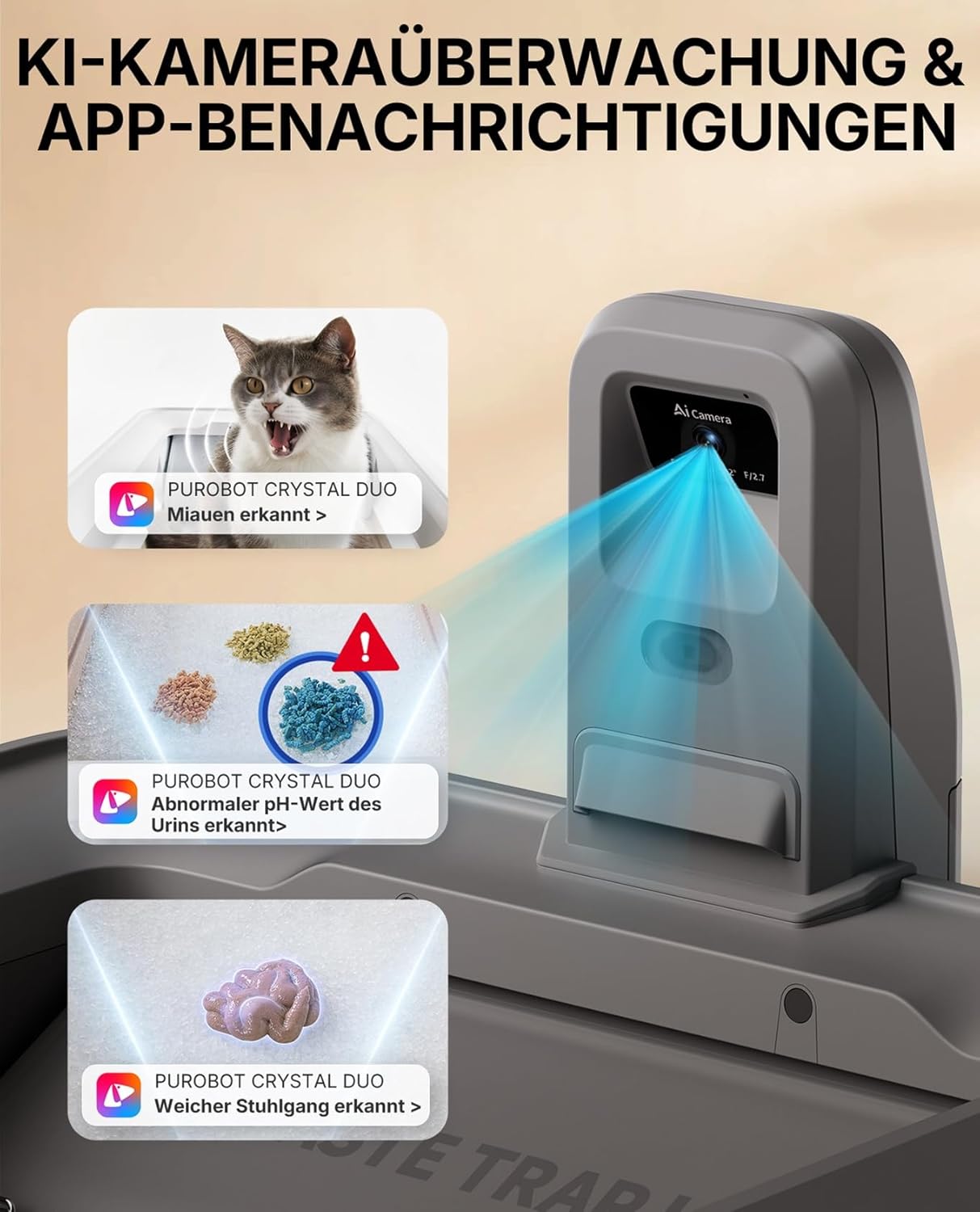 PETKIT Purobot Crystal Duo Selbstreinigende Katzentoilette mit Kamera, AI-Gesundheitsüberwachung, Geruchskontrolle, Offenes Design für große Katzen, Bis zu 30 Tage ohne Reinigung, Grau