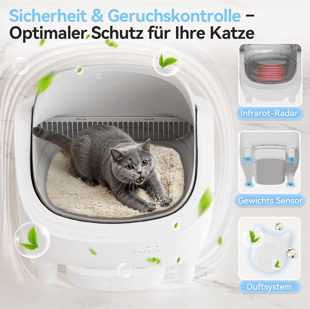 TRIUMPHKEY Selbstreinigende Katzentoilette, App-Steuerung, offene Katzentoilette, selbstreinigend, XXL-Katzentoilette, für große Katzen bis 15 kg, 15 Tage Selbstreinigung, elektrische Katzentoilette für mehrere Katzen