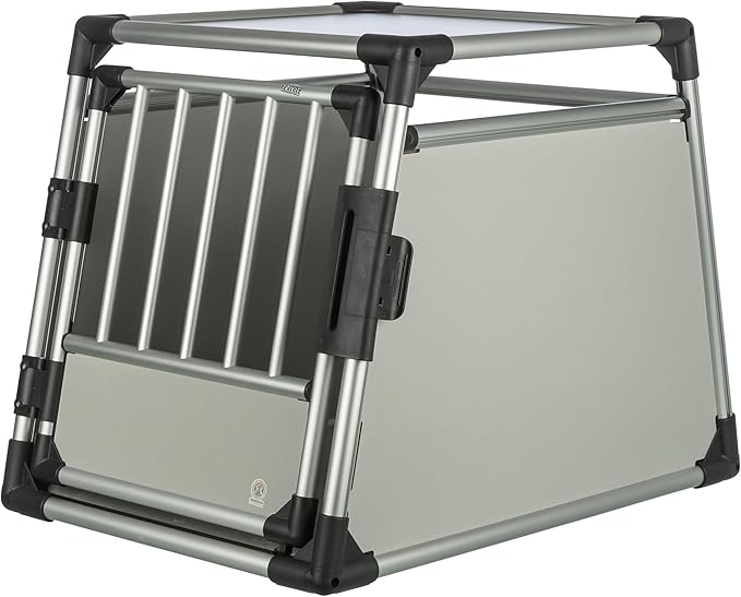 TRIXIE Hunde-Transportbox Aluminium in silber - M–L: 60 × 65 × 86 cm - stabile und geräuscharme Hundebox mit abgeschrägten Seiten, Sicherheitsverschluss & rutschfester Liegematte