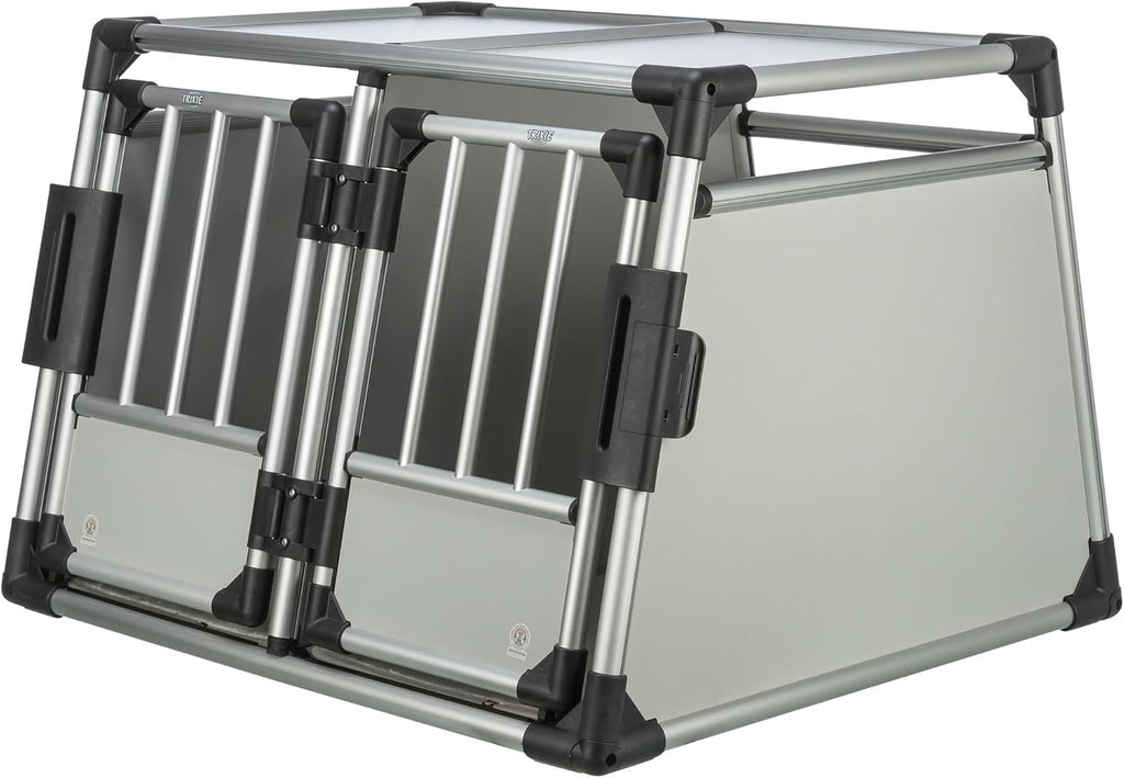 TRIXIE Hunde-Transportbox Aluminium in silber - M–L: 60 × 65 × 86 cm - stabile und geräuscharme Hundebox mit abgeschrägten Seiten, Sicherheitsverschluss & rutschfester Liegematte