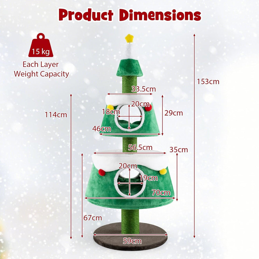 SOARS Kratzbaum Weihnachten, 153 cm Katzenbaum mit 2 Höhlen, Kratzsäule, dickem Stamm, abnehmbarem Kissen, Katzenkratzbaum Weihnachtsbaum, Kletterbaum für Katzen, Aktivitätskratzbäume, Katzenmöbel