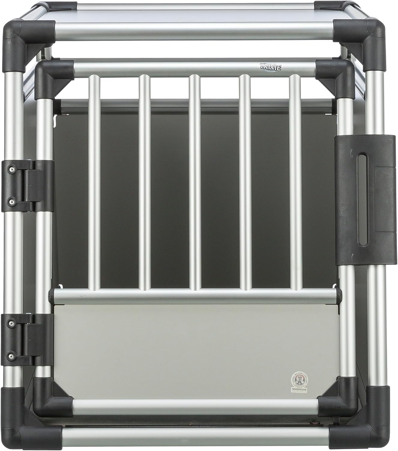 TRIXIE Hunde-Transportbox Aluminium in silber - M–L: 60 × 65 × 86 cm - stabile und geräuscharme Hundebox mit abgeschrägten Seiten, Sicherheitsverschluss & rutschfester Liegematte