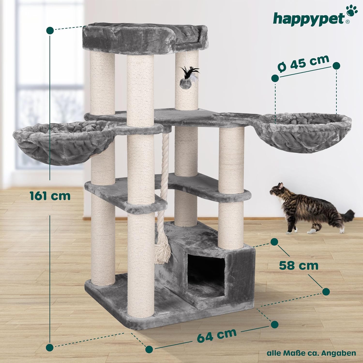 HAPPYPET Kratzbaum für große Katzen 'Oscar' - 161 cm Premium Katzenbaum stabil 47 kg, 12 cm Dicke Stämme für schwere Katzen Maine Coon, 600g Plüsch, geprüftes Holz, Grau