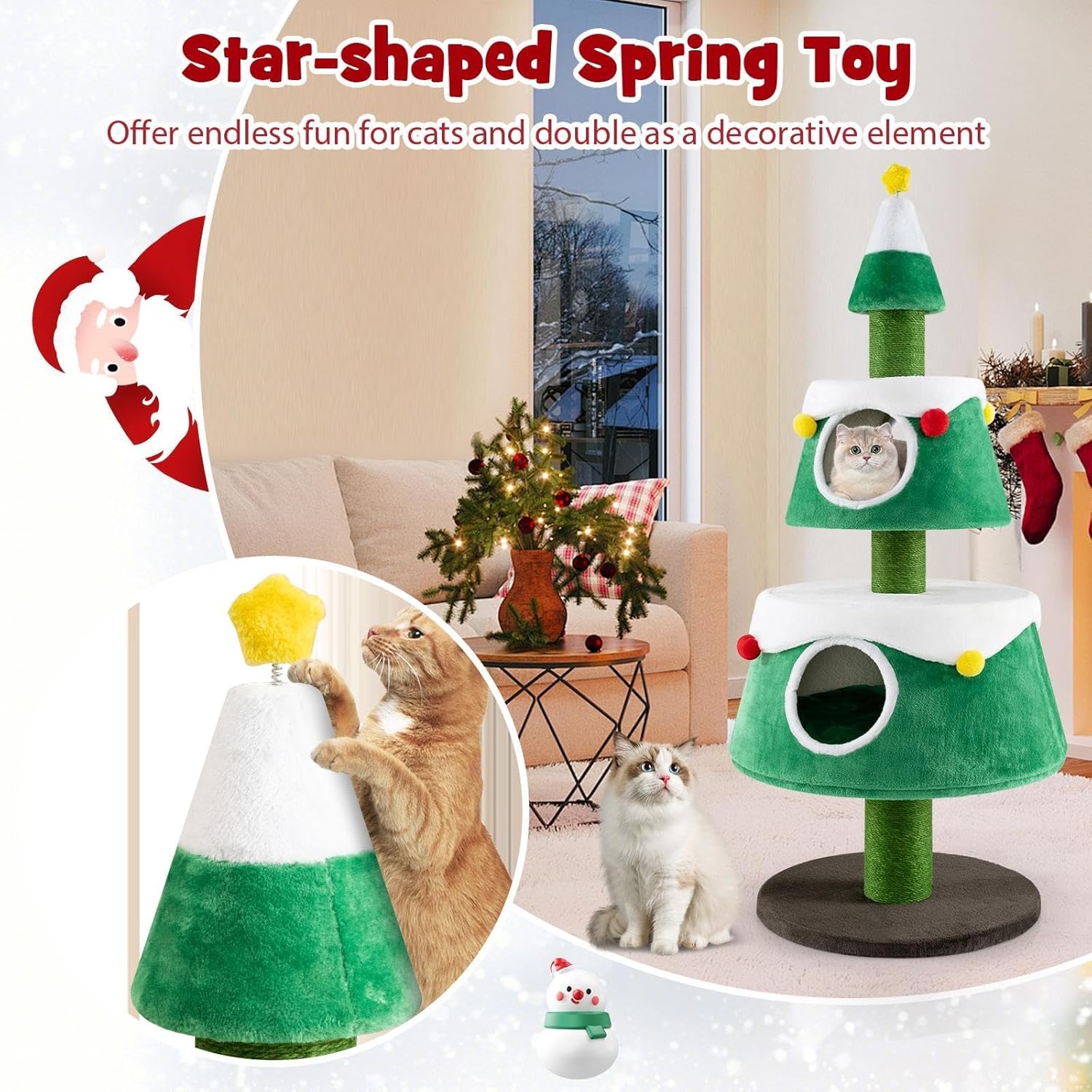 SOARS Kratzbaum Weihnachten, 153 cm Katzenbaum mit 2 Höhlen, Kratzsäule, dickem Stamm, abnehmbarem Kissen, Katzenkratzbaum Weihnachtsbaum, Kletterbaum für Katzen, Aktivitätskratzbäume, Katzenmöbel