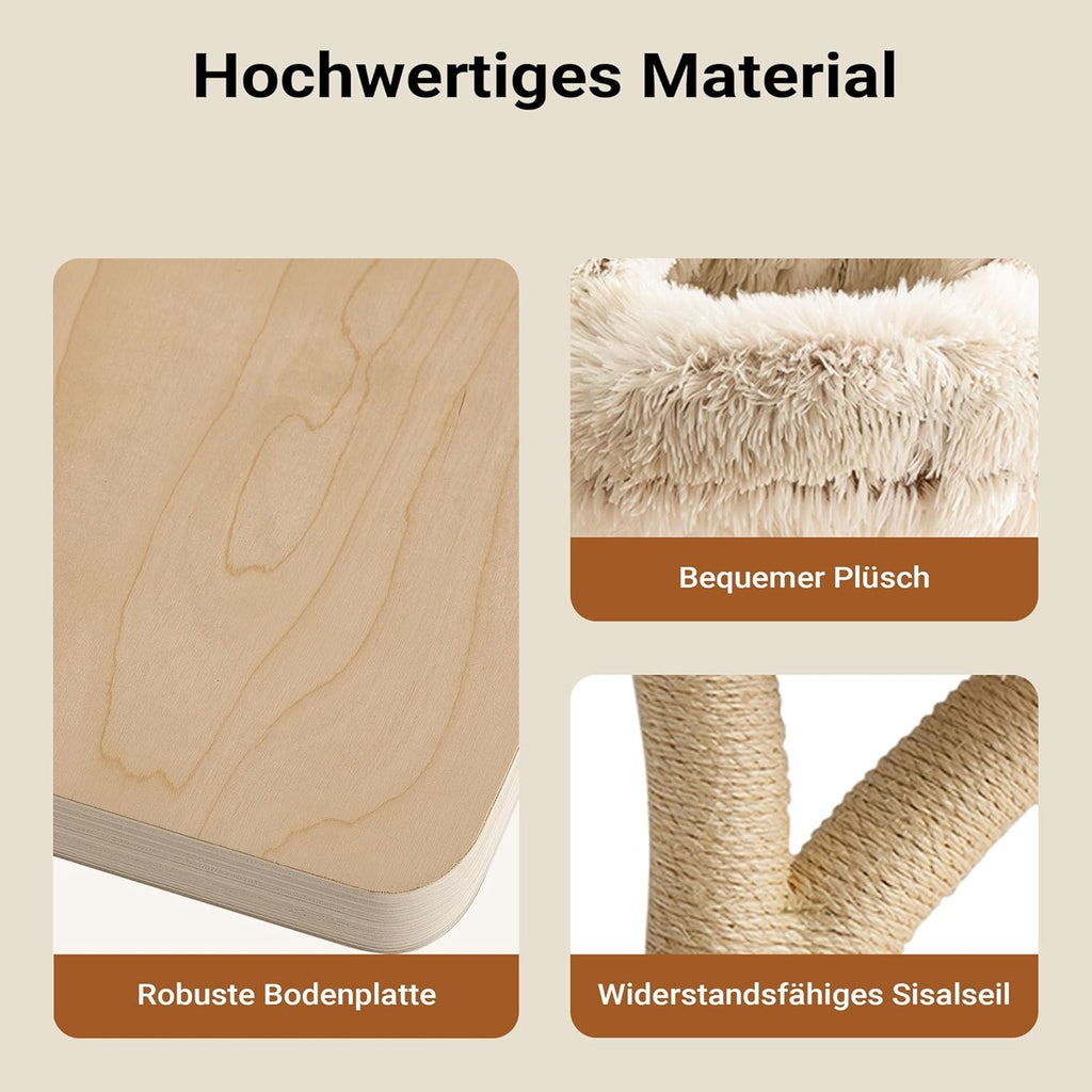 Fudajo Designer Kratzbaum in Zweigdesign 130 cm hoch, Katzenkratzbaum mit Plüsch und Sisal, Kletterbaum für Katzen, Katzenbaum mit Hängeliege