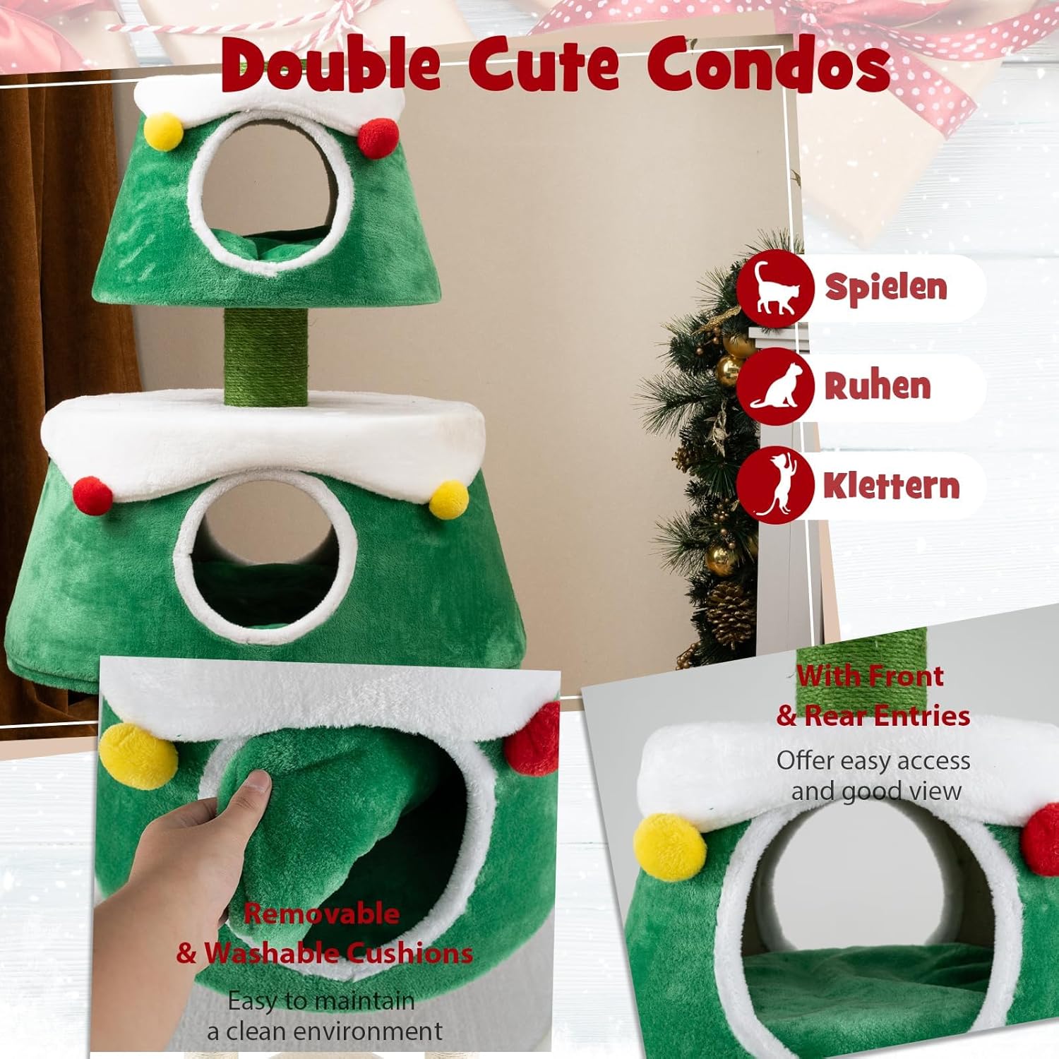 SOARS Kratzbaum Weihnachten, 153 cm Katzenbaum mit 2 Höhlen, Kratzsäule, dickem Stamm, abnehmbarem Kissen, Katzenkratzbaum Weihnachtsbaum, Kletterbaum für Katzen, Aktivitätskratzbäume, Katzenmöbel