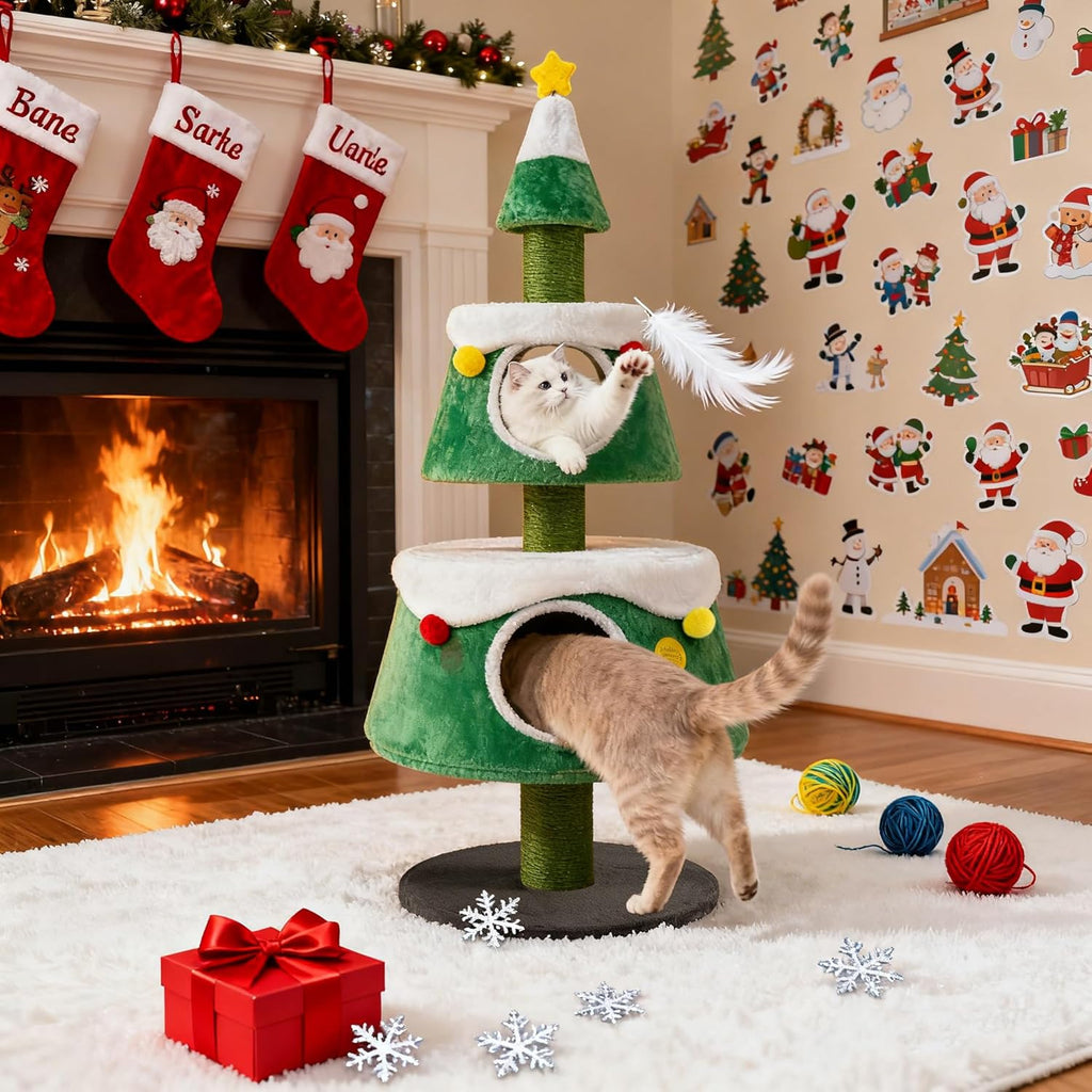 SOARS Kratzbaum Weihnachten, 153 cm Katzenbaum mit 2 Höhlen, Kratzsäule, dickem Stamm, abnehmbarem Kissen, Katzenkratzbaum Weihnachtsbaum, Kletterbaum für Katzen, Aktivitätskratzbäume, Katzenmöbel