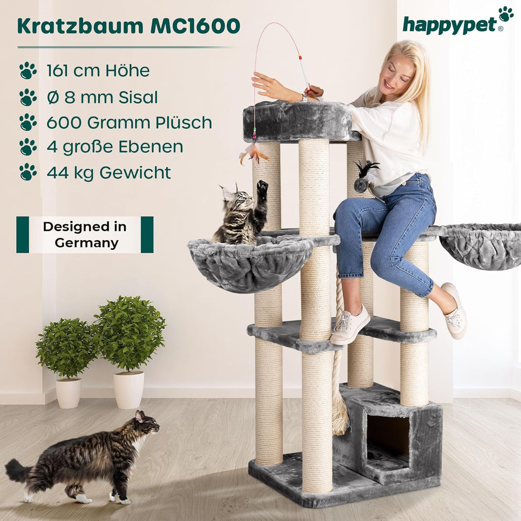 HAPPYPET Kratzbaum für große Katzen 'Oscar' - 161 cm Premium Katzenbaum stabil 47 kg, 12 cm Dicke Stämme für schwere Katzen Maine Coon, 600g Plüsch, geprüftes Holz, Grau