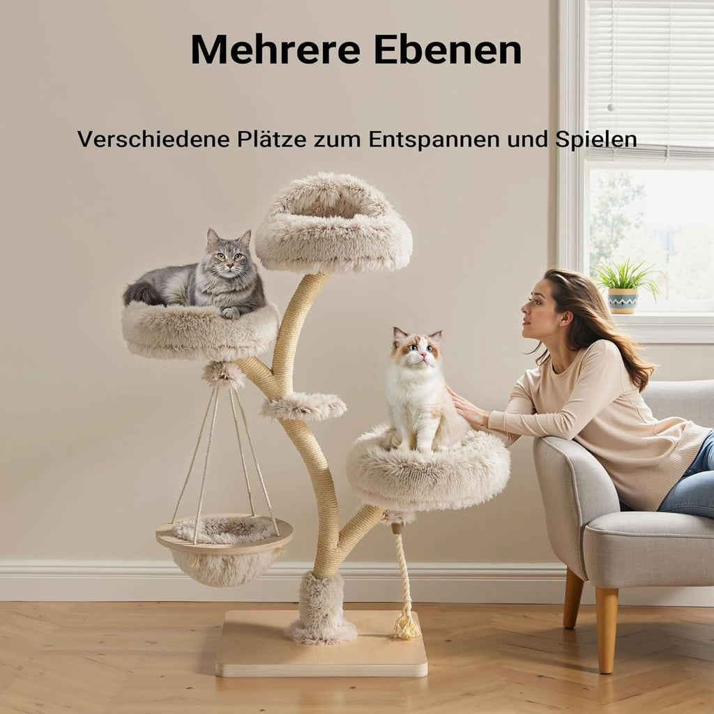 Fudajo Designer Kratzbaum in Zweigdesign 130 cm hoch, Katzenkratzbaum mit Plüsch und Sisal, Kletterbaum für Katzen, Katzenbaum mit Hängeliege