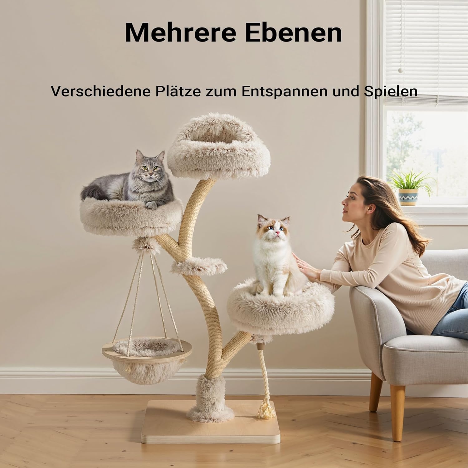 Fudajo Designer Kratzbaum in Zweigdesign 130 cm hoch, Katzenkratzbaum mit Plüsch und Sisal, Kletterbaum für Katzen, Katzenbaum mit Hängeliege