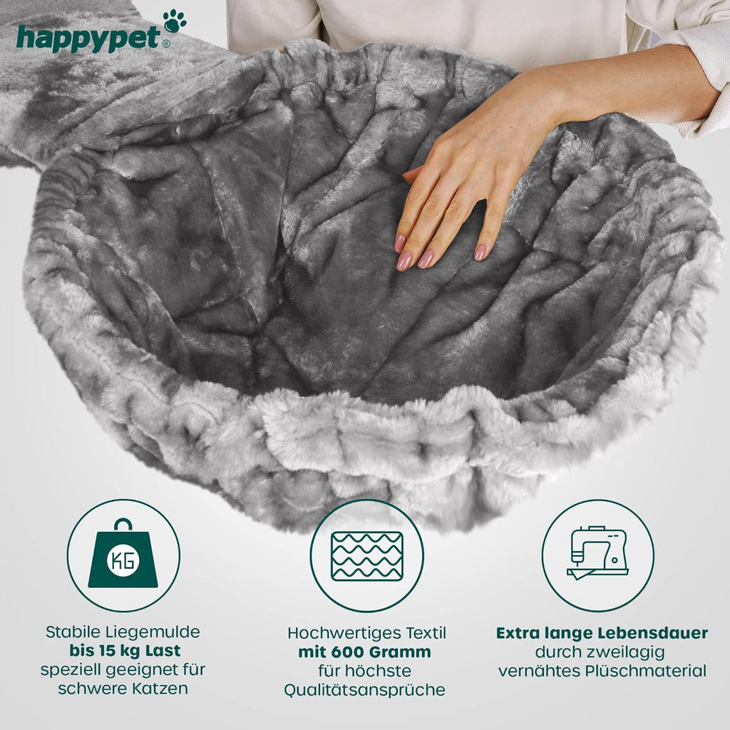 HAPPYPET Kratzbaum für große Katzen 'Oscar' - 161 cm Premium Katzenbaum stabil 47 kg, 12 cm Dicke Stämme für schwere Katzen Maine Coon, 600g Plüsch, geprüftes Holz, Grau