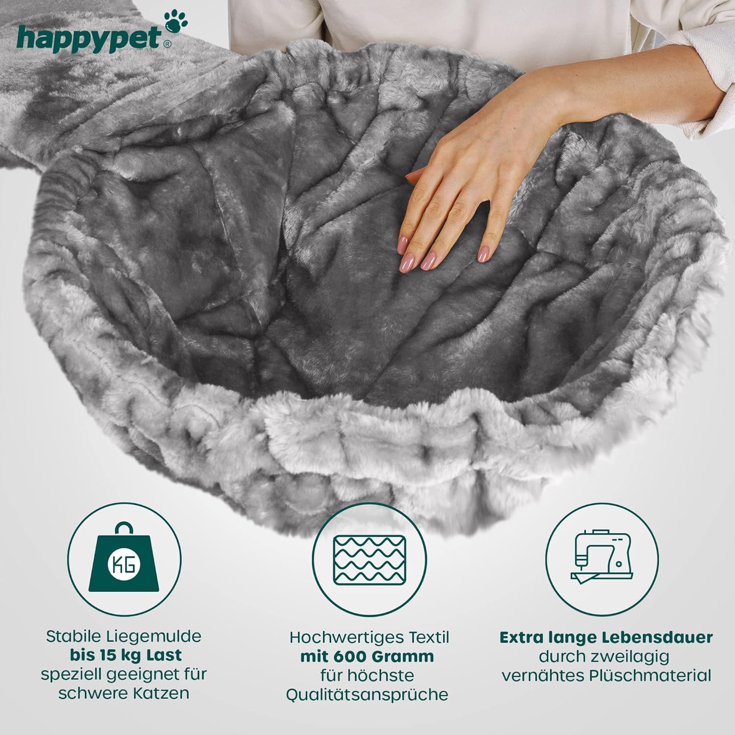 HAPPYPET Kratzbaum für große Katzen 'Oscar' - 161 cm Premium Katzenbaum stabil 47 kg, 12 cm Dicke Stämme für schwere Katzen Maine Coon, 600g Plüsch, geprüftes Holz, Grau