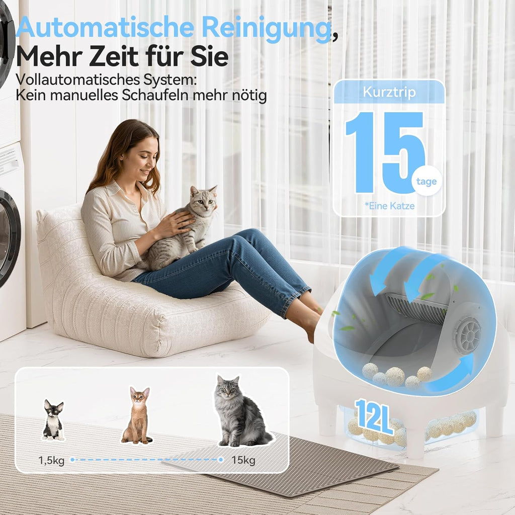 TRIUMPHKEY Selbstreinigende Katzentoilette, App-Steuerung, offene Katzentoilette, selbstreinigend, XXL-Katzentoilette, für große Katzen bis 15 kg, 15 Tage Selbstreinigung, elektrische Katzentoilette für mehrere Katzen