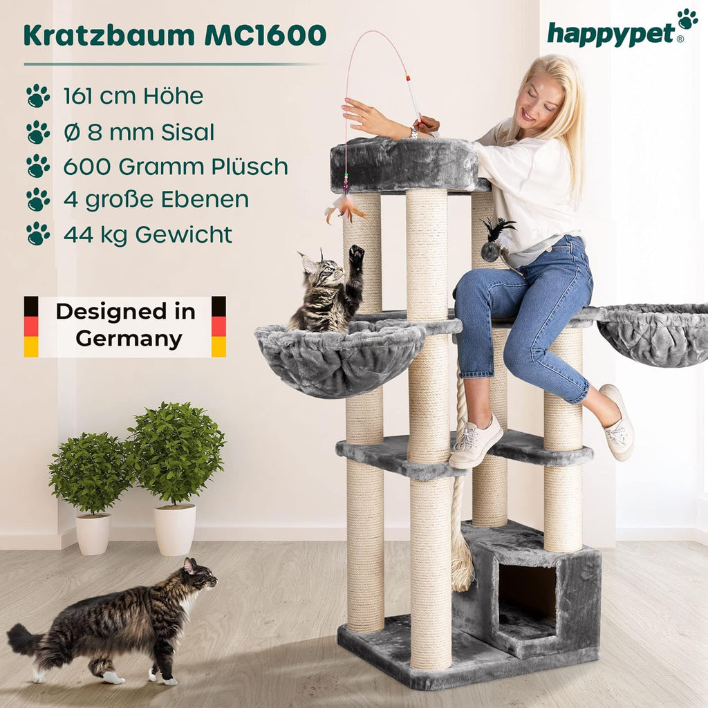 HAPPYPET Kratzbaum für große Katzen 'Oscar' - 161 cm Premium Katzenbaum stabil 47 kg, 12 cm Dicke Stämme für schwere Katzen Maine Coon, 600g Plüsch, geprüftes Holz, Grau