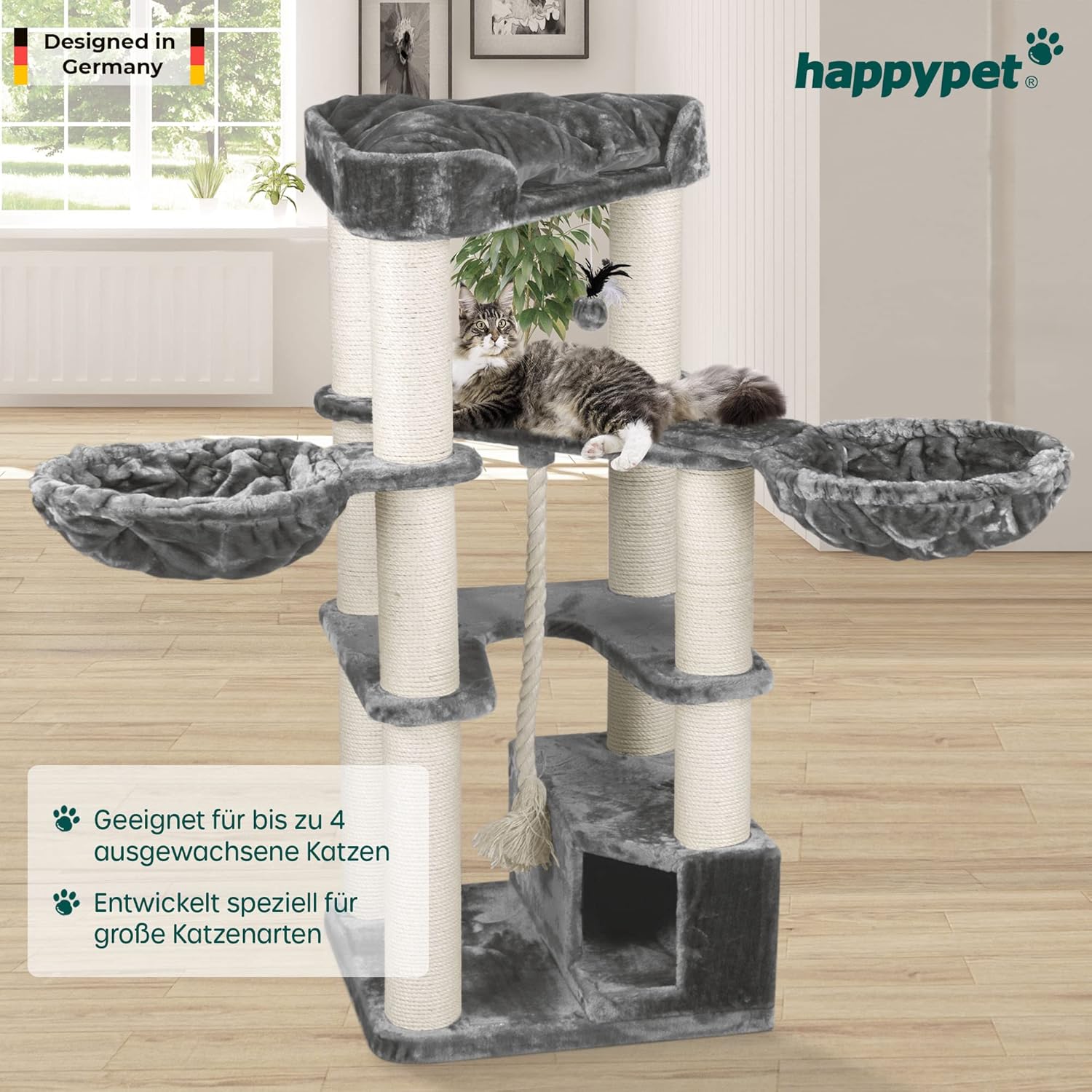 HAPPYPET Kratzbaum für große Katzen 'Oscar' - 161 cm Premium Katzenbaum stabil 47 kg, 12 cm Dicke Stämme für schwere Katzen Maine Coon, 600g Plüsch, geprüftes Holz, Grau