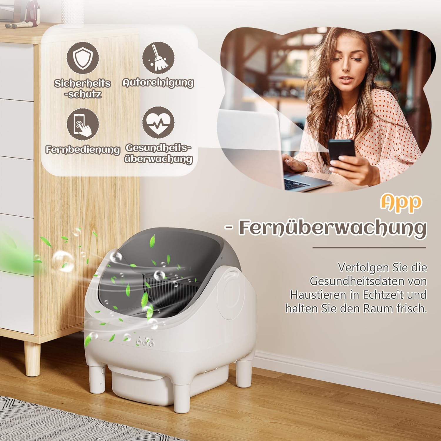 JUMMICOSelbstreinigendes Katzenklo mit APP Steuerung, 12L XXL-Kapazität (15 Tage), Offenes Design & Sicher für Alle Katzen (1,5-15kg), Inkl. Gesundheitsmonitor & Geruchskontrolle