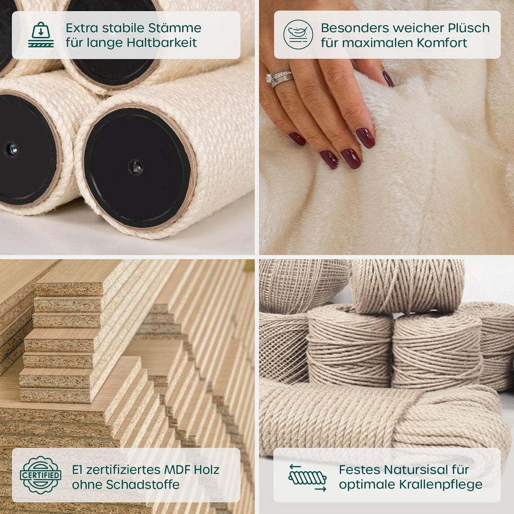 HAPPYPET Kratzbaum für große Katzen 'Oscar' - 161 cm Premium Katzenbaum stabil 47 kg, 12 cm Dicke Stämme für schwere Katzen Maine Coon, 600g Plüsch, geprüftes Holz, Grau