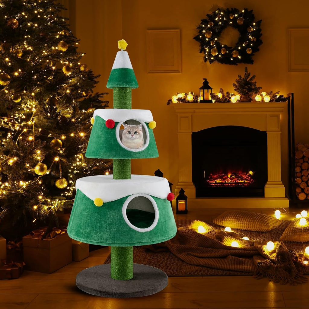 SOARS Kratzbaum Weihnachten, 153 cm Katzenbaum mit 2 Höhlen, Kratzsäule, dickem Stamm, abnehmbarem Kissen, Katzenkratzbaum Weihnachtsbaum, Kletterbaum für Katzen, Aktivitätskratzbäume, Katzenmöbel