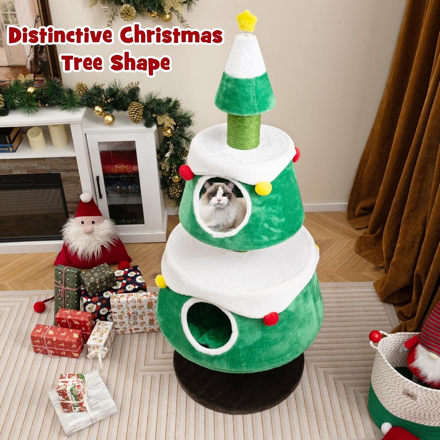SOARS Kratzbaum Weihnachten, 153 cm Katzenbaum mit 2 Höhlen, Kratzsäule, dickem Stamm, abnehmbarem Kissen, Katzenkratzbaum Weihnachtsbaum, Kletterbaum für Katzen, Aktivitätskratzbäume, Katzenmöbel
