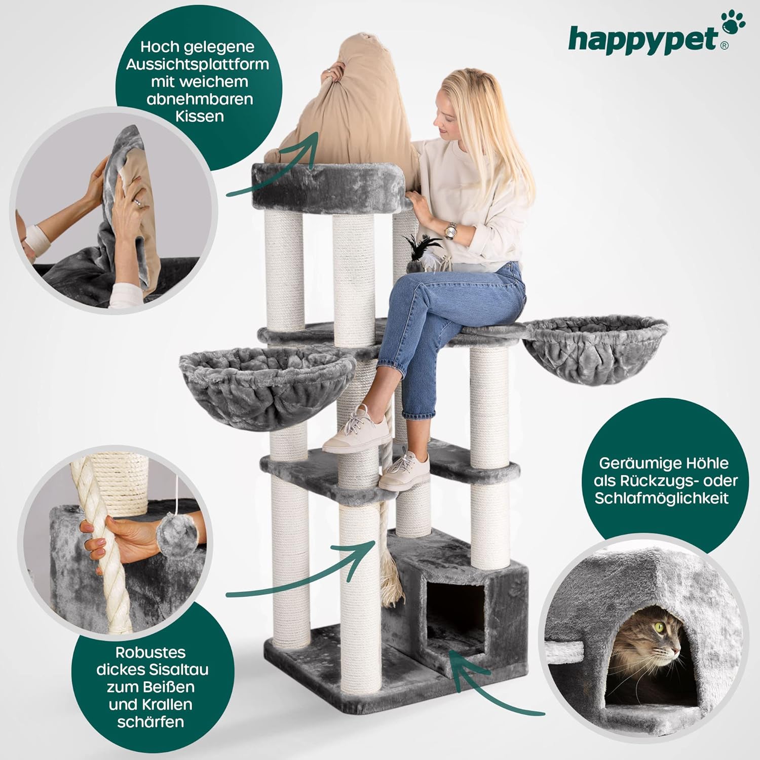 HAPPYPET Kratzbaum für große Katzen 'Oscar' - 161 cm Premium Katzenbaum stabil 47 kg, 12 cm Dicke Stämme für schwere Katzen Maine Coon, 600g Plüsch, geprüftes Holz, Grau