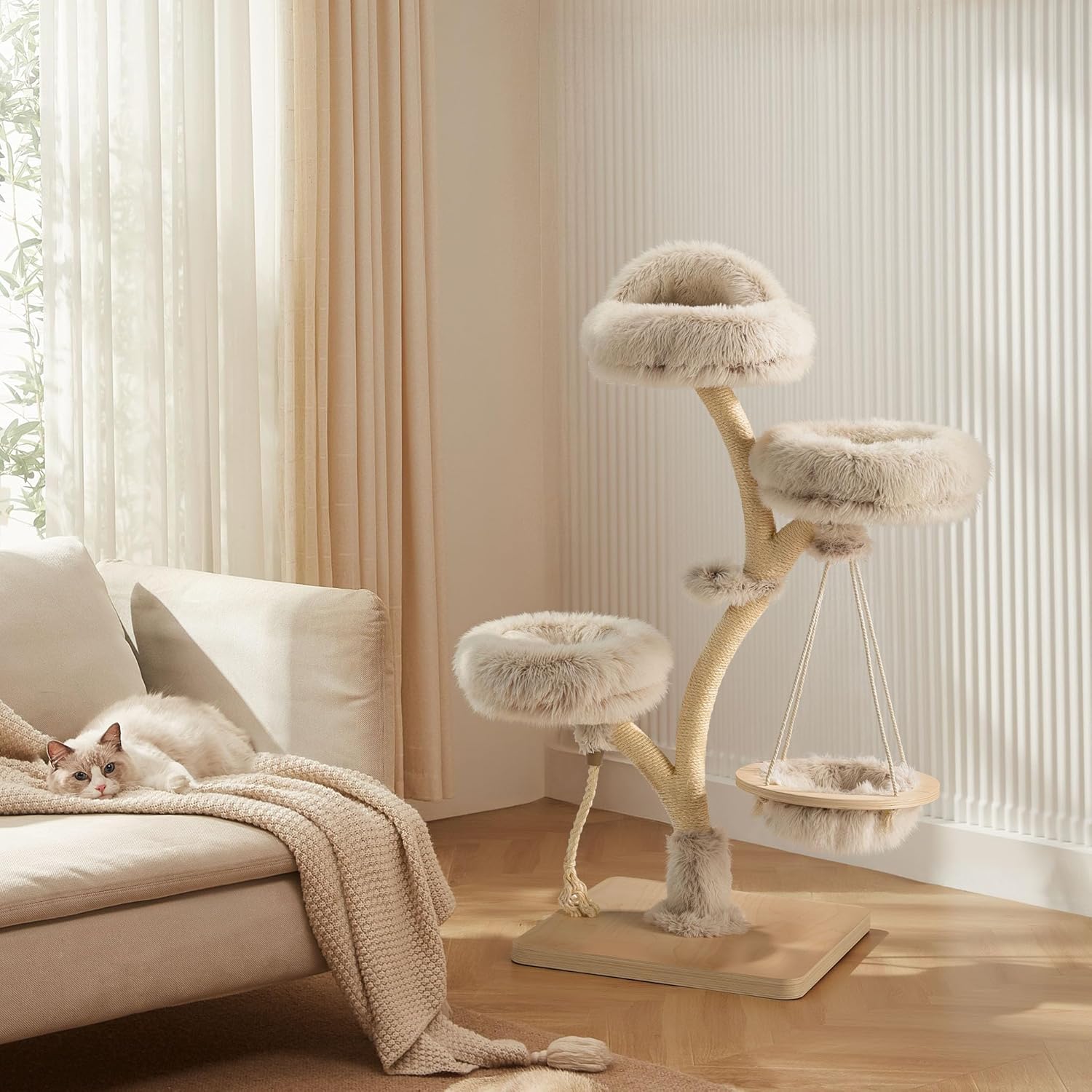 Fudajo Designer Kratzbaum in Zweigdesign 130 cm hoch, Katzenkratzbaum mit Plüsch und Sisal, Kletterbaum für Katzen, Katzenbaum mit Hängeliege