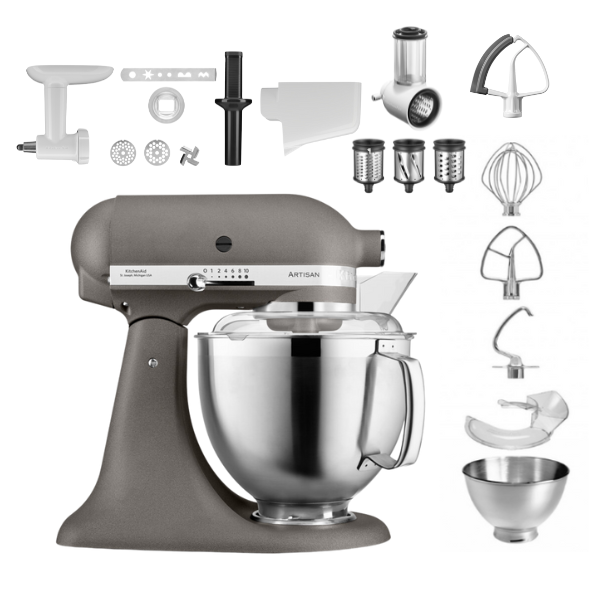 KitchenAid 4,8 L 5KSM185 Artisan Küchenmaschine Profiset Fleischwolf+Spritzgebäck+Gemüseschneider+Pürie